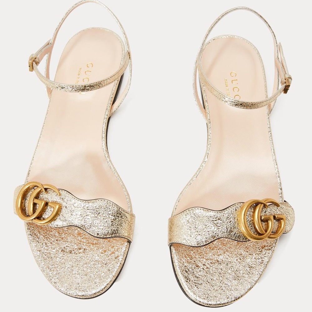 Authentic Gucci Women’s Gold Leather GG Sandals Size 37.5